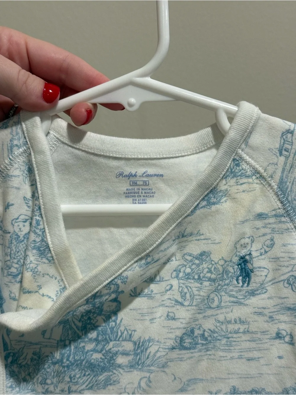 Ralph Lauren Baby Girl 9M Blue Polo Bear Toile Wrap Bodysuit One Piece